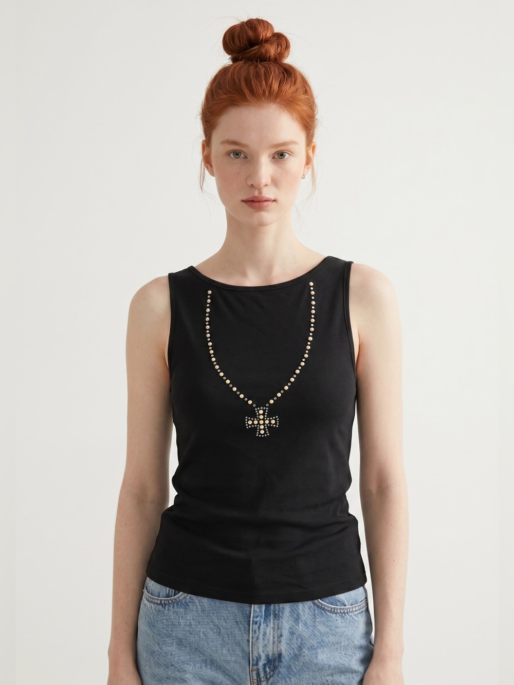 Catty Vintage Y2K Whimsygoth Black Sleeveless Stud-Embellished Cross Tank Top